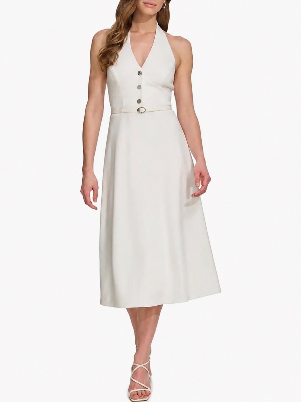 DKNY Cream Halter Midi Dress with Button-Front Bodice